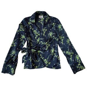 Cinq a Sept Womens XS Fleur Rou Wrap Tie Blouse Floral Blue Green 5 a 7 Top